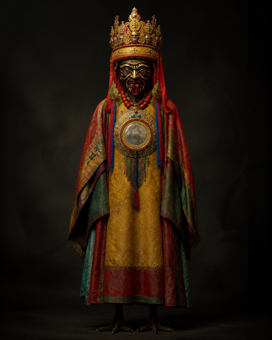 Full-length Zakiram figure with crown, round mirror, and layered robes