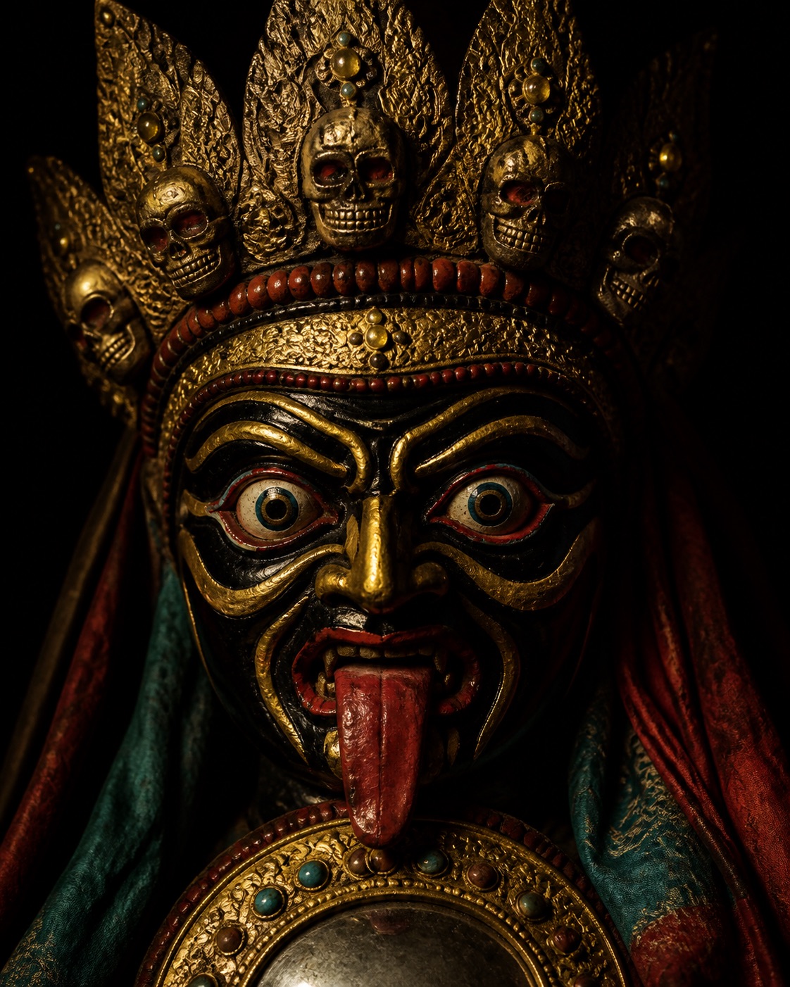 Portrait of Zakiram with a gold crown, dark face, direct gaze, and round chest mirror