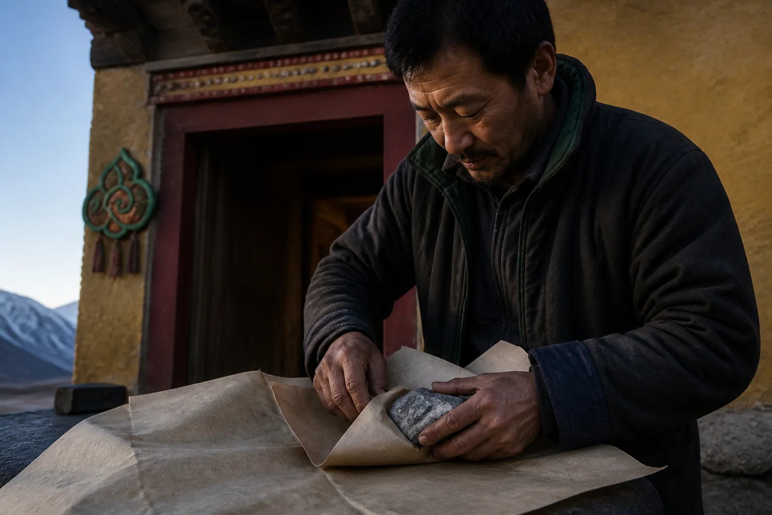 At morning, a pair of hands folds mineral into paper while the mountains remain beyond the door.