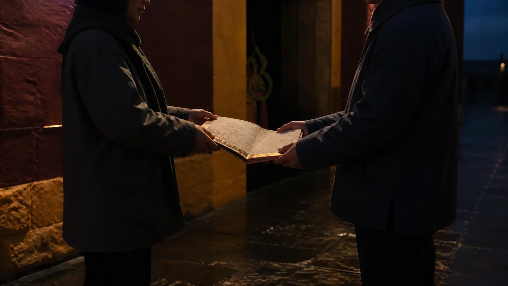 Two people exchange a folio at dusk; its gold edge catches the day’s final light.