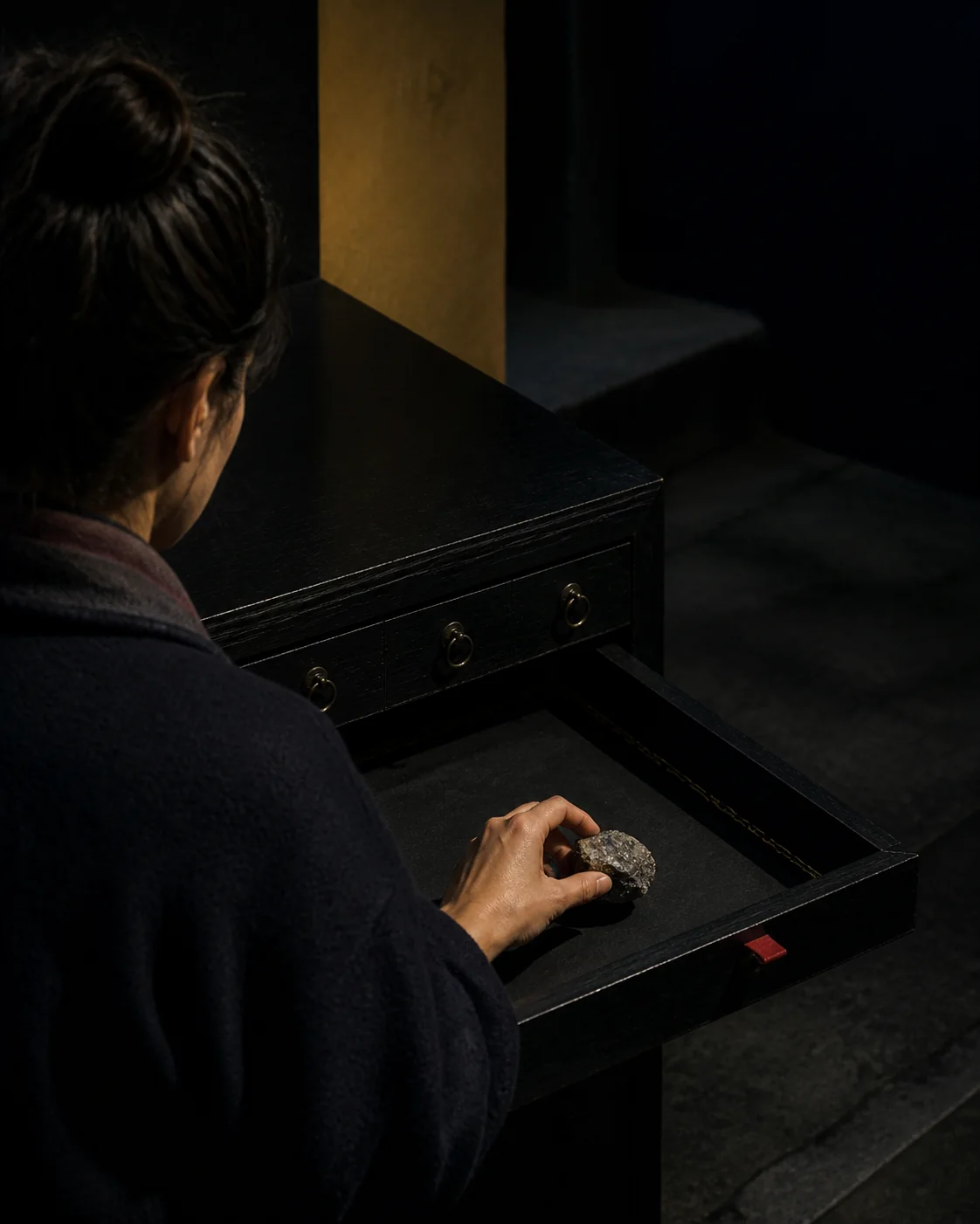 At night, a drawer returns to shadow while a single red marker remains near the hand.